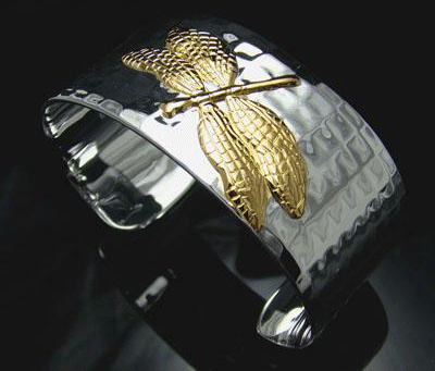 925 Sterling Silver Wide 18K Gold Accent Dragonfly Cuff Bracelet