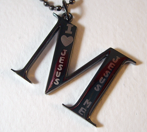 Detailed view of the M Initial Tungsten Necklace with I LOVE JESUS engraving