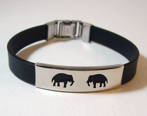 Stainless Steel Elephant Bracelet crafted with black rubber and metal cutout charms