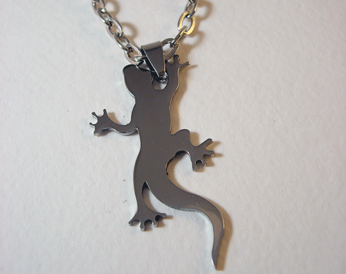 Close-up of the Salamander Stainless Steel Necklace featuring a lizard pendant on a chain