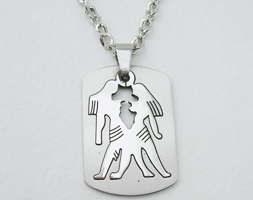 Detailed view of the polished Gemini Zodiac Sign Stainless Steel cutout twins pendant necklace