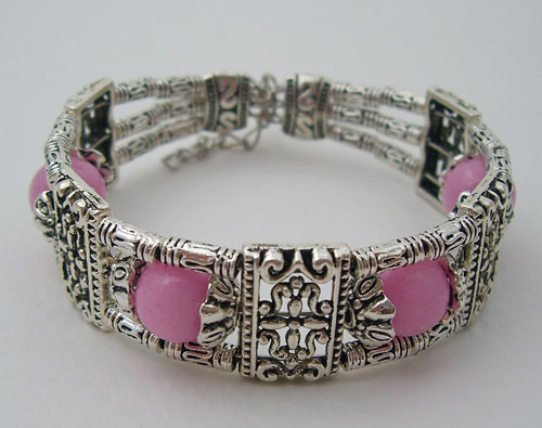 Pink Beaded Tibet Silver Bracelet featuring high-quality sterling silver construction and adjustable clasp
