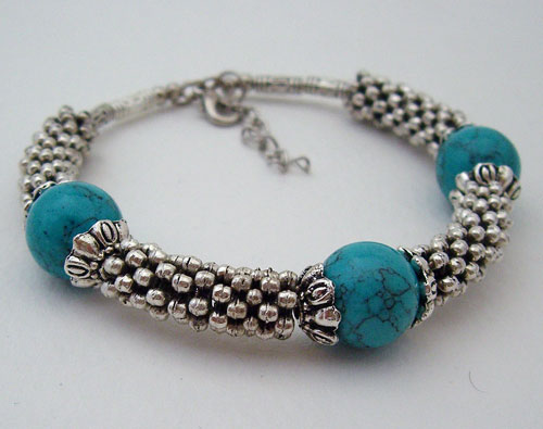 Handcrafted Tibet Silver Beaded Bracelet with Three Natural Sky-Blue Turquoise Gemstones