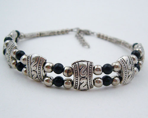 Exquisite Tibet Silver Bracelet embellished with Black Jade beads