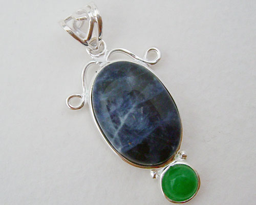 Handcrafted African Sodalite and Green Jade Pendant in 925 Sterling Silver