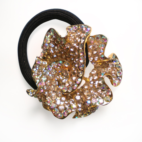 Floral Rhinestone Elastic ponytail holder with gold-tone finish and crystal accents