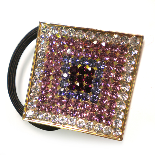 Squared rhinestone purple elastic pony tail holder with clear and colored crystal accents