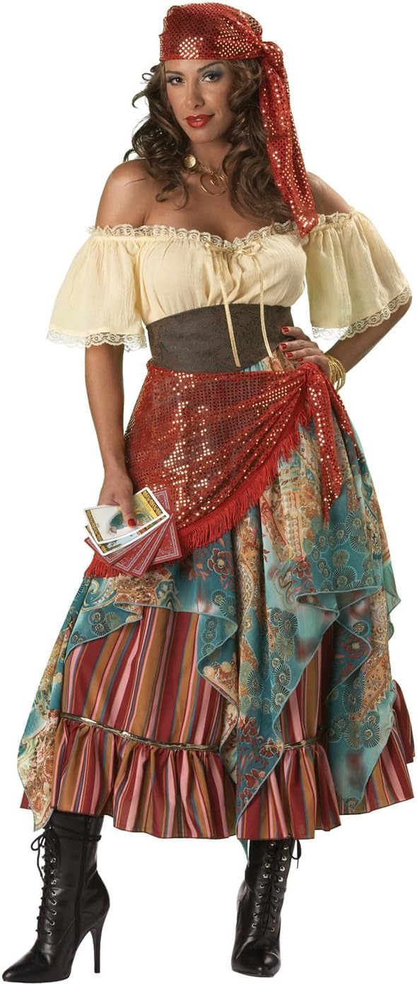 Full view of the sexy Fortune Teller Dress Halloween costume featuring sequined sash and ruffled petticoat